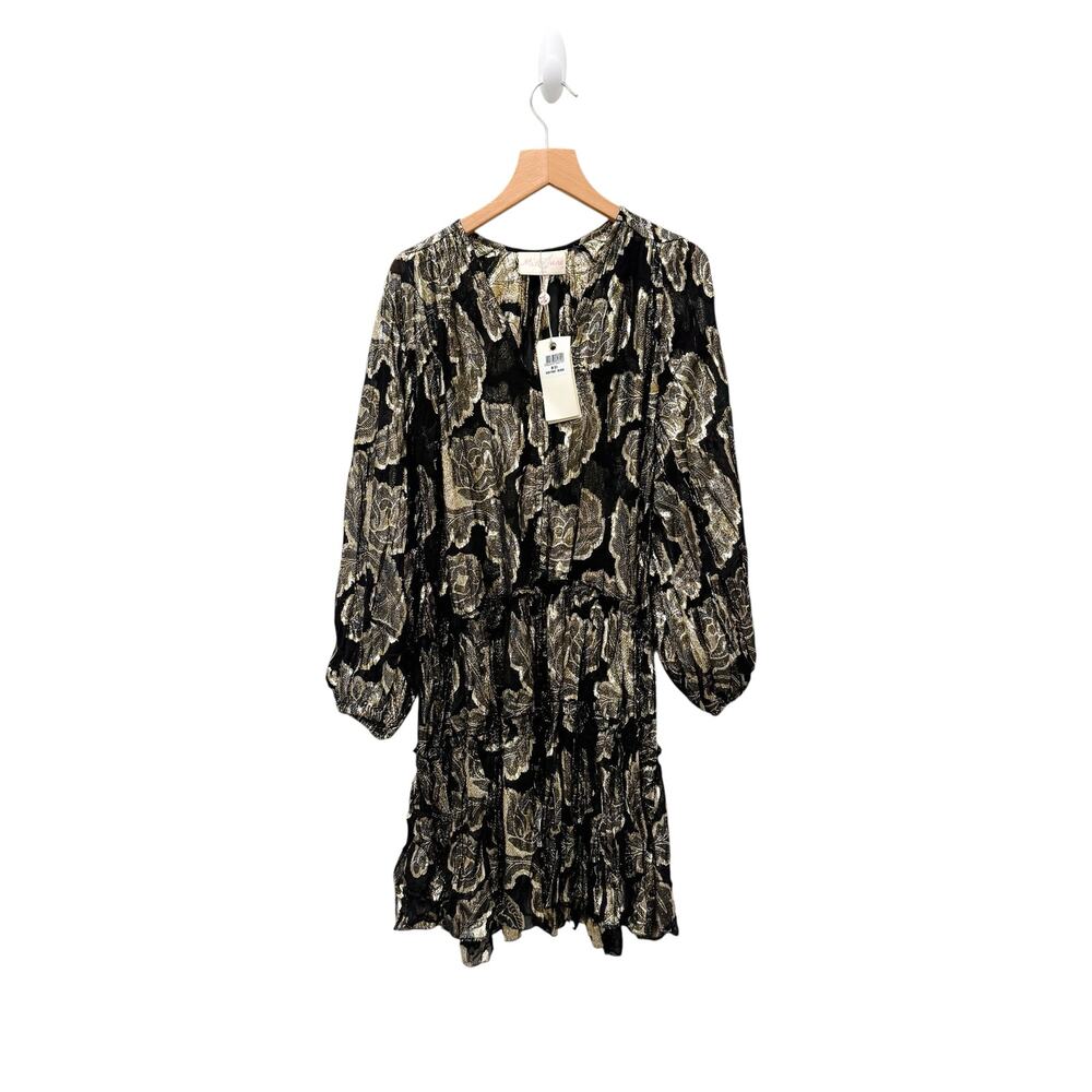 NWT Miss June Paris‎ Black Gold Metallic Jacquard Mini Dress Women’s Free Size